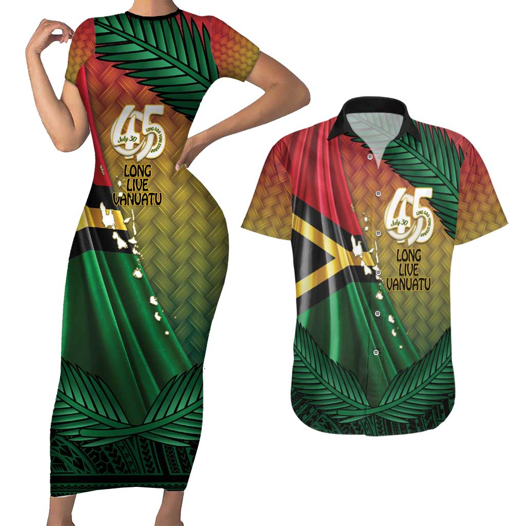 Personalised Long Live Vanuatu Independence Day Couples Matching Short Sleeve Bodycon Dress and Hawaiian Shirt 45th Anniversary Woven Pattern LT14 Reggae - Polynesian Pride