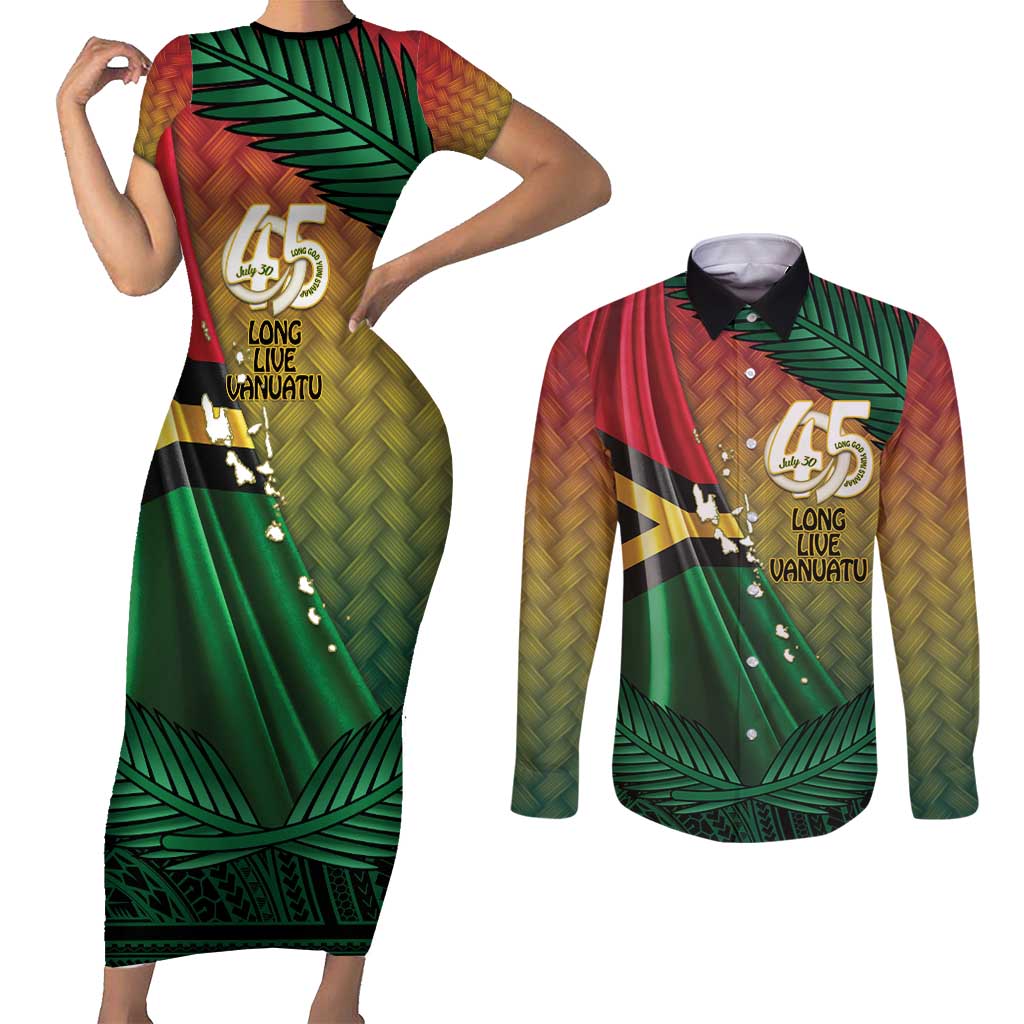 Personalised Long Live Vanuatu Independence Day Couples Matching Short Sleeve Bodycon Dress and Long Sleeve Button Shirt 45th Anniversary Woven Pattern LT14 Reggae - Polynesian Pride