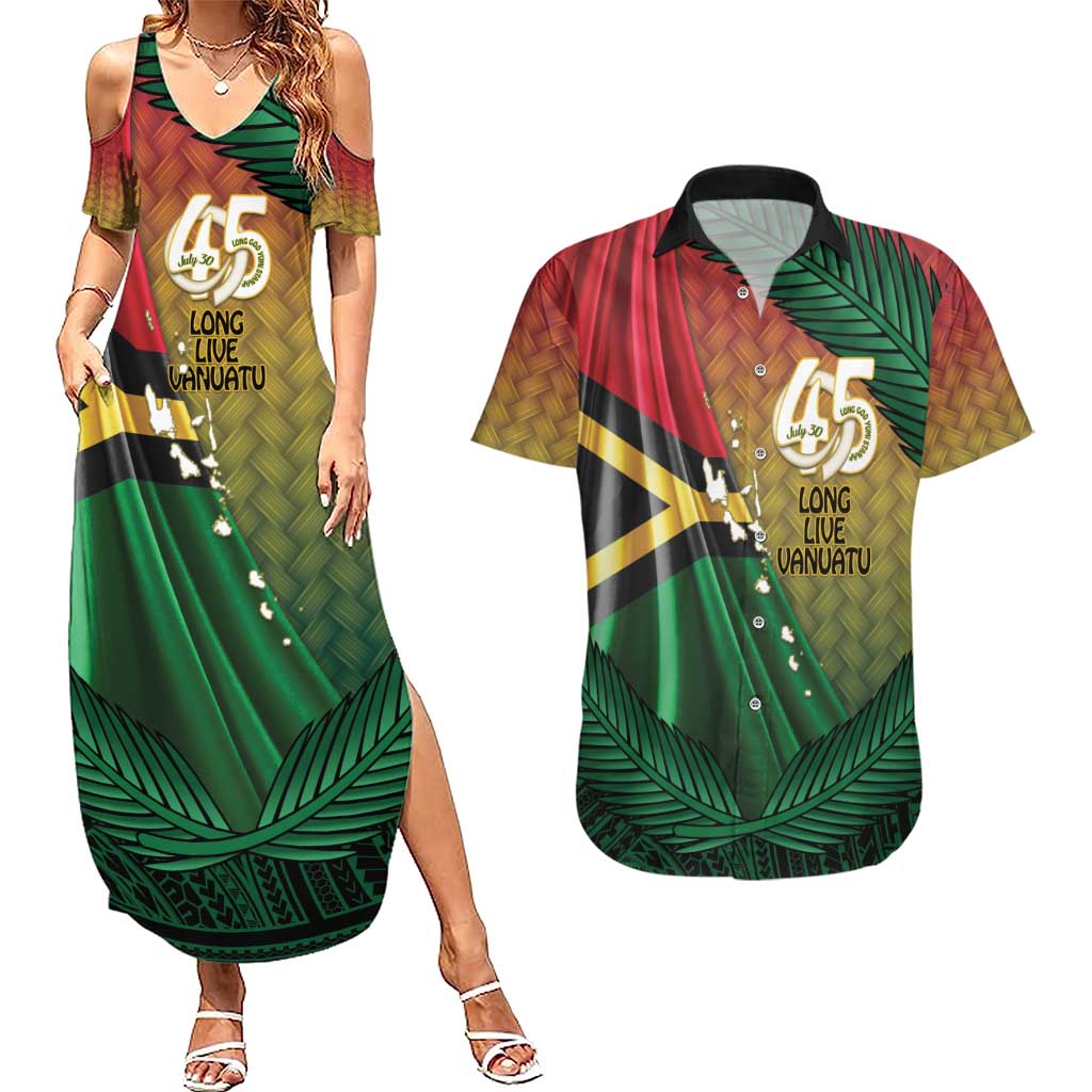 Personalised Long Live Vanuatu Independence Day Couples Matching Summer Maxi Dress and Hawaiian Shirt 45th Anniversary Woven Pattern LT14 Reggae - Polynesian Pride