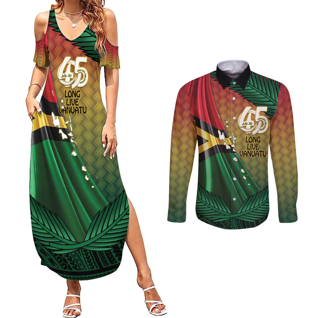Personalised Long Live Vanuatu Independence Day Couples Matching Summer Maxi Dress and Long Sleeve Button Shirt 45th Anniversary Woven Pattern LT14 Reggae - Polynesian Pride