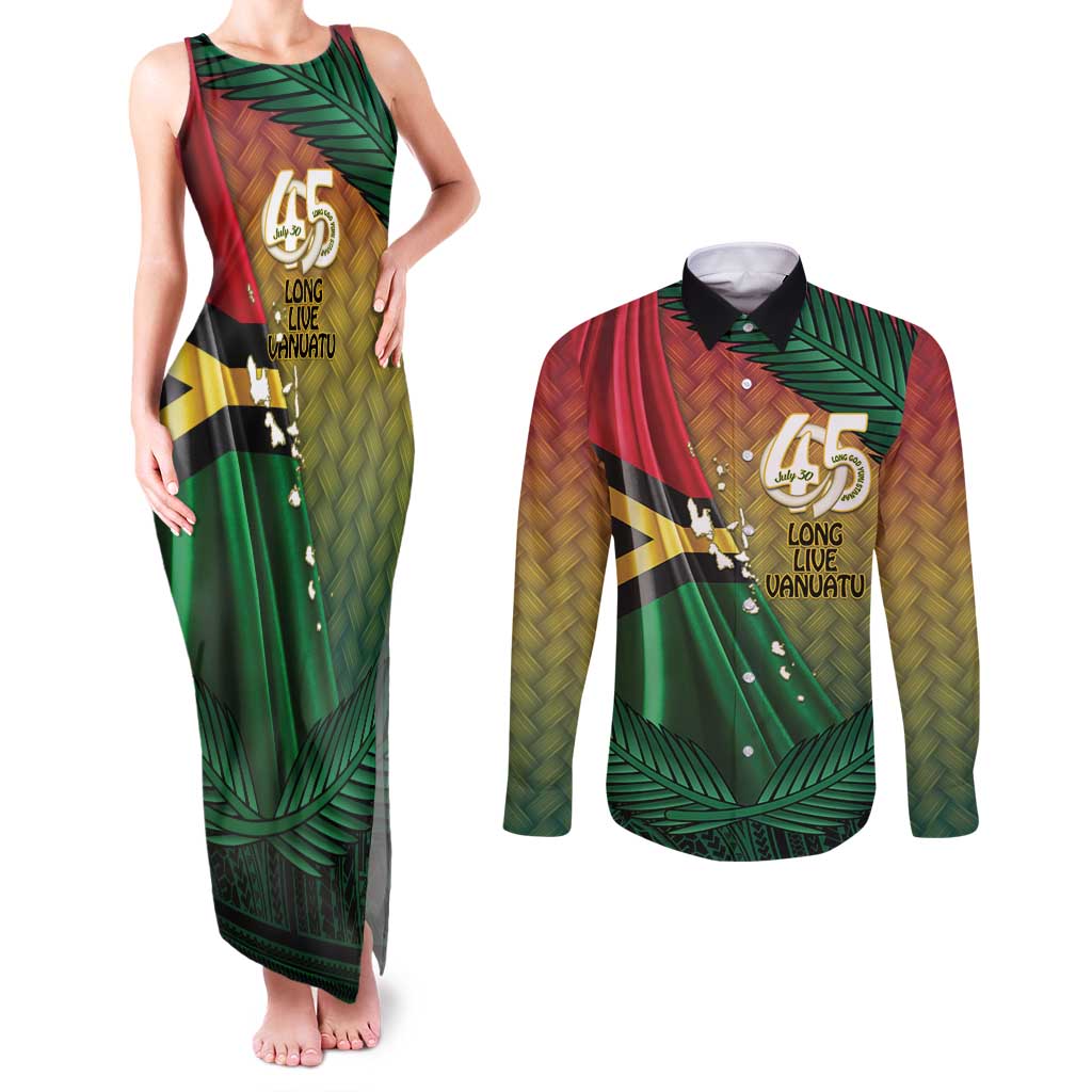 Personalised Long Live Vanuatu Independence Day Couples Matching Tank Maxi Dress and Long Sleeve Button Shirt 45th Anniversary Woven Pattern LT14 Reggae - Polynesian Pride