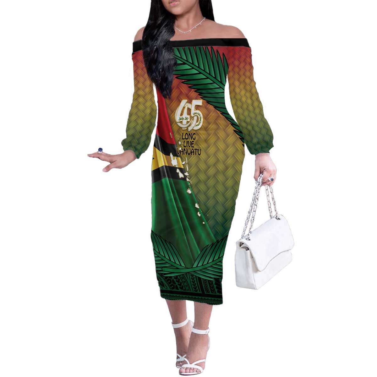 Personalised Long Live Vanuatu Independence Day Family Matching Off The Shoulder Long Sleeve Dress and Hawaiian Shirt 45th Anniversary Woven Pattern - Polynesian Pride