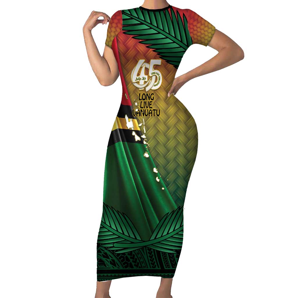 Personalised Long Live Vanuatu Independence Day Family Matching Short Sleeve Bodycon Dress and Hawaiian Shirt 45th Anniversary Woven Pattern - Polynesian Pride
