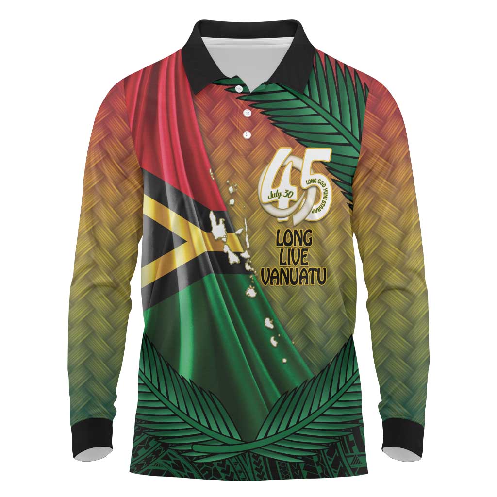 Personalised Long Live Vanuatu Independence Day Long Sleeve Polo Shirt 45th Anniversary Woven Pattern - Polynesian Pride