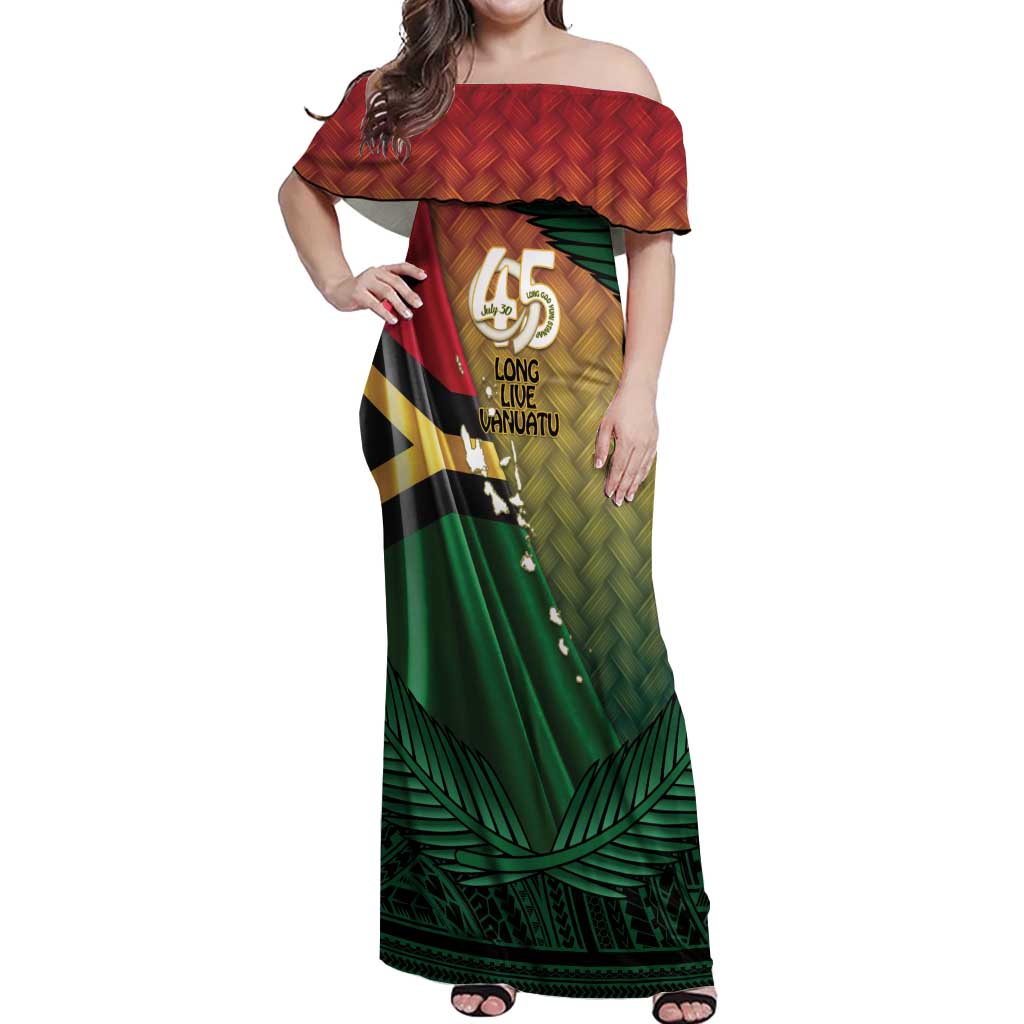 Personalised Long Live Vanuatu Independence Day Off Shoulder Maxi Dress 45th Anniversary Woven Pattern - Polynesian Pride