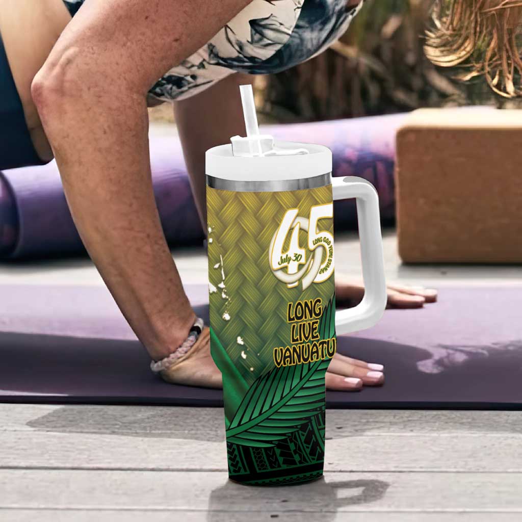 Personalised Long Live Vanuatu Independence Day Tumbler With Handle 45th Anniversary Woven Pattern - Polynesian Pride