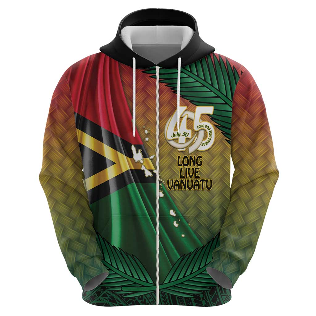 Personalised Long Live Vanuatu Independence Day Zip Hoodie 45th Anniversary Woven Pattern - Polynesian Pride