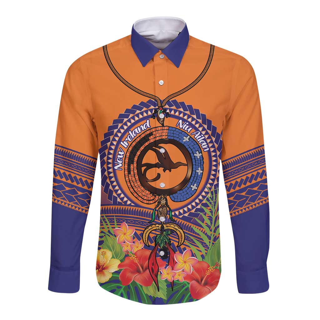 PNG New Ireland Province Long Sleeve Button Shirt Niu Ailan Necklace Polynesian Tattoo LT14 Unisex Orange - Polynesian Pride