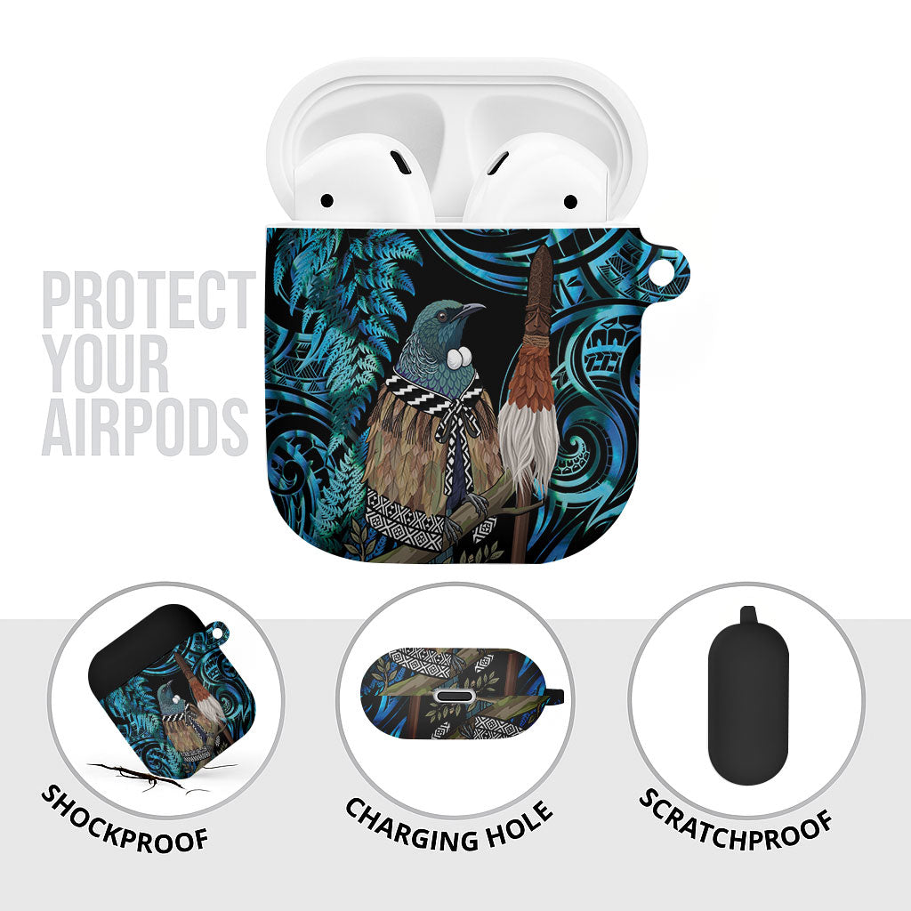 New Zealand Tui Bird Taiaha AirPods Case Maori Weapon Paua Shell Mix Silver Fern