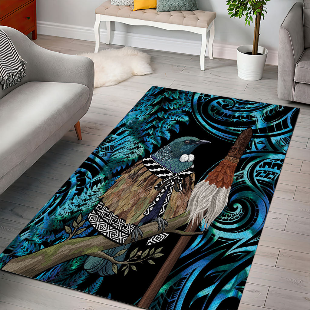 New Zealand Tui Bird Taiaha Area Rug Maori Weapon Paua Shell Mix Silver Fern