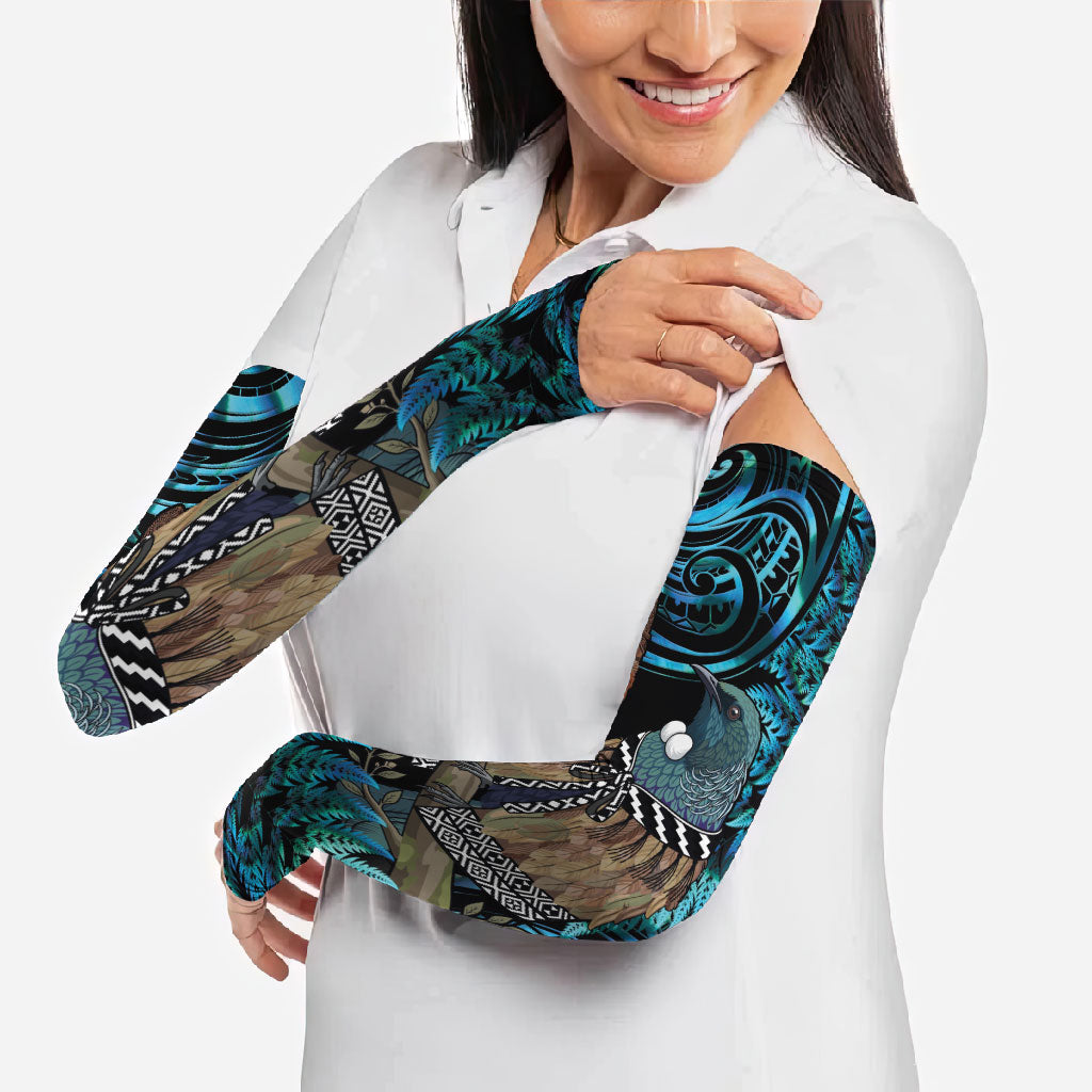 New Zealand Tui Bird Taiaha Arm Sleeves Maori Weapon Paua Shell Mix Silver Fern