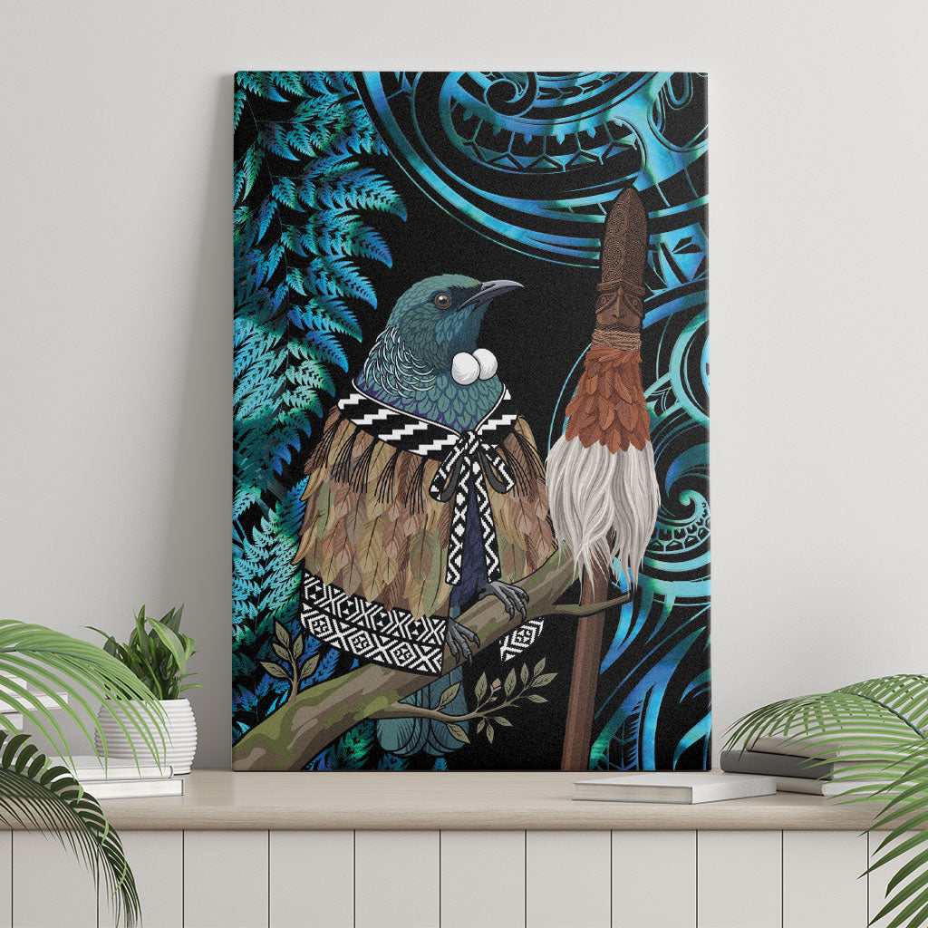 New Zealand Tui Bird Taiaha Canvas Wall Art Maori Weapon Paua Shell Mix Silver Fern