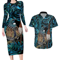 New Zealand Tui Bird Taiaha Couples Matching Long Sleeve Bodycon Dress and Hawaiian Shirt Maori Weapon Paua Shell Mix Silver Fern