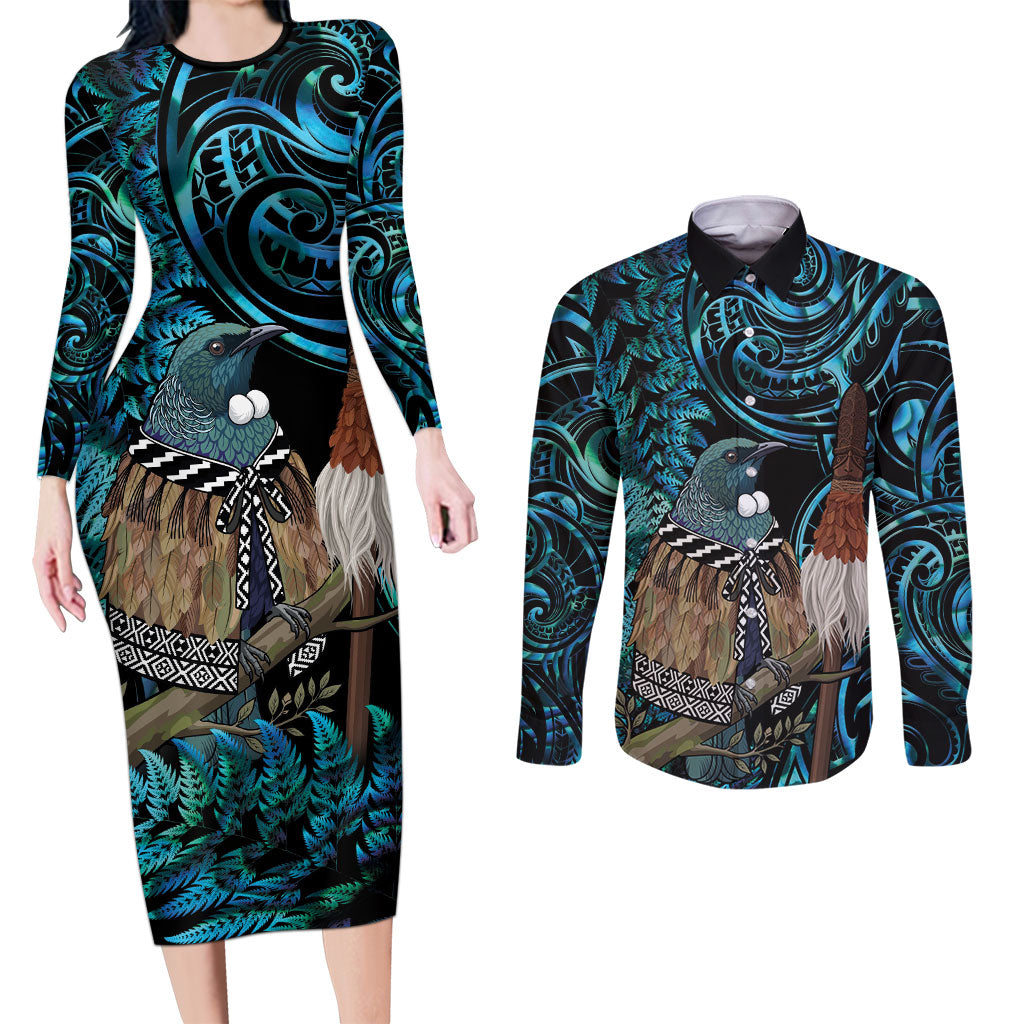 New Zealand Tui Bird Taiaha Couples Matching Long Sleeve Bodycon Dress and Long Sleeve Button Shirt Maori Weapon Paua Shell Mix Silver Fern