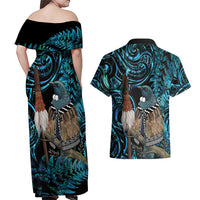 New Zealand Tui Bird Taiaha Couples Matching Off Shoulder Maxi Dress and Hawaiian Shirt Maori Weapon Paua Shell Mix Silver Fern