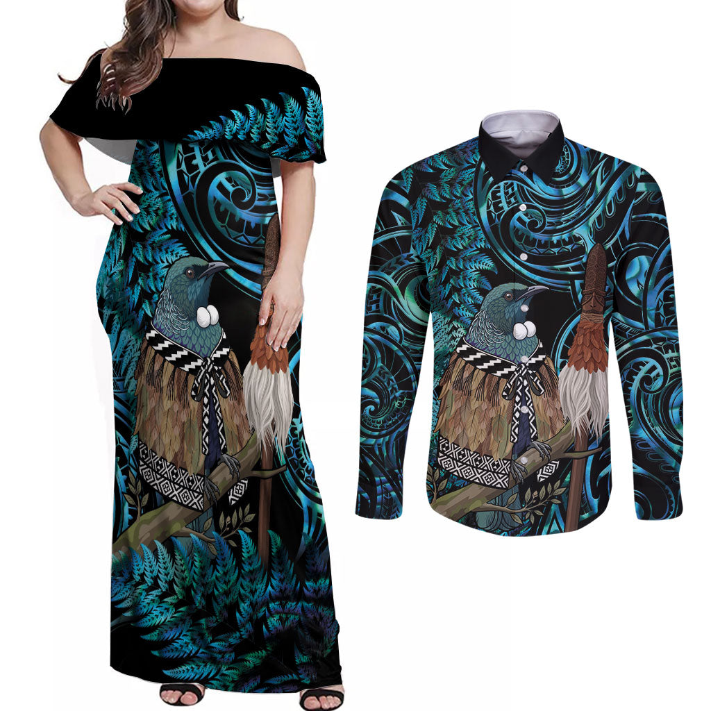 New Zealand Tui Bird Taiaha Couples Matching Off Shoulder Maxi Dress and Long Sleeve Button Shirt Maori Weapon Paua Shell Mix Silver Fern LT14 Turquoise - Polynesian Pride