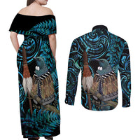 New Zealand Tui Bird Taiaha Couples Matching Off Shoulder Maxi Dress and Long Sleeve Button Shirt Maori Weapon Paua Shell Mix Silver Fern