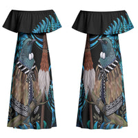 New Zealand Tui Bird Taiaha Couples Matching Off Shoulder Maxi Dress and Long Sleeve Button Shirt Maori Weapon Paua Shell Mix Silver Fern LT14 - Polynesian Pride