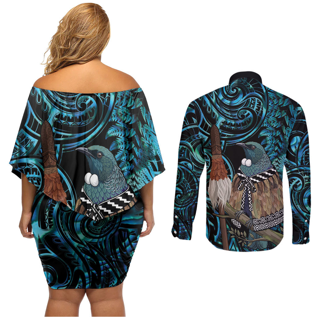 New Zealand Tui Bird Taiaha Couples Matching Off Shoulder Short Dress and Long Sleeve Button Shirt Maori Weapon Paua Shell Mix Silver Fern