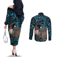 New Zealand Tui Bird Taiaha Couples Matching Off The Shoulder Long Sleeve Dress and Long Sleeve Button Shirt Maori Weapon Paua Shell Mix Silver Fern