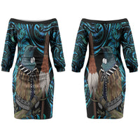 New Zealand Tui Bird Taiaha Couples Matching Off The Shoulder Long Sleeve Dress and Long Sleeve Button Shirt Maori Weapon Paua Shell Mix Silver Fern LT14 - Polynesian Pride