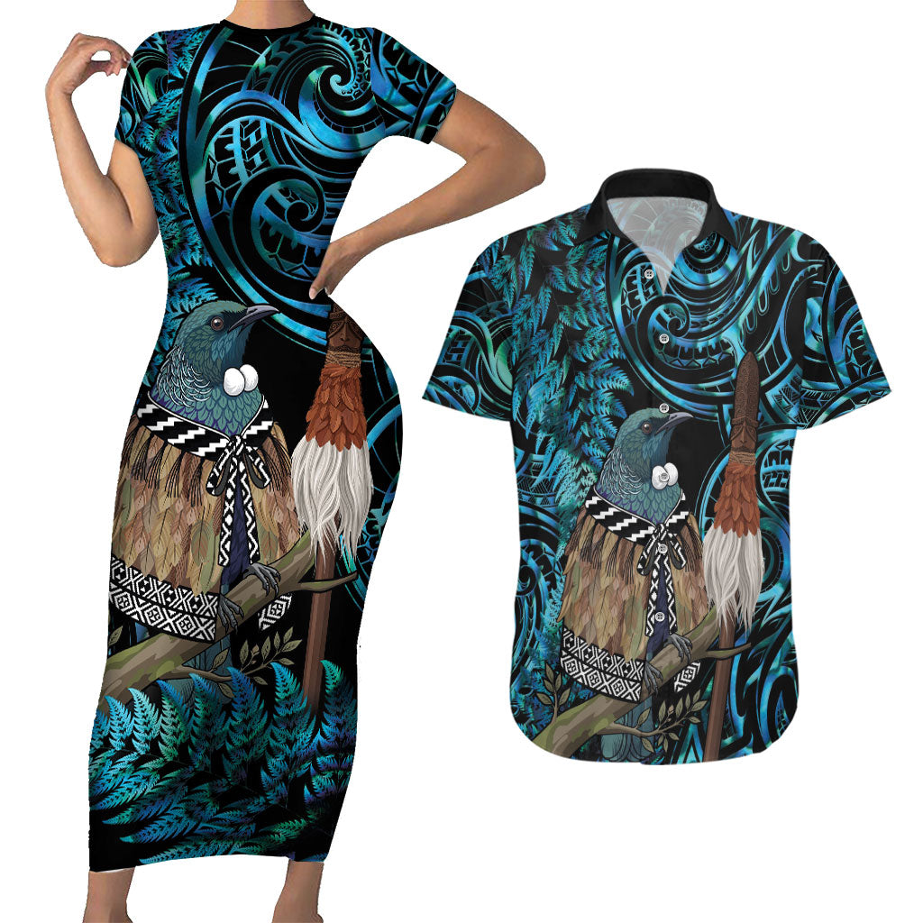 New Zealand Tui Bird Taiaha Couples Matching Short Sleeve Bodycon Dress and Hawaiian Shirt Maori Weapon Paua Shell Mix Silver Fern LT14 Turquoise - Polynesian Pride