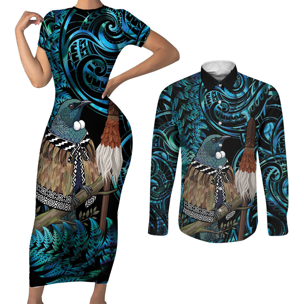 New Zealand Tui Bird Taiaha Couples Matching Short Sleeve Bodycon Dress and Long Sleeve Button Shirt Maori Weapon Paua Shell Mix Silver Fern LT14 Turquoise - Polynesian Pride