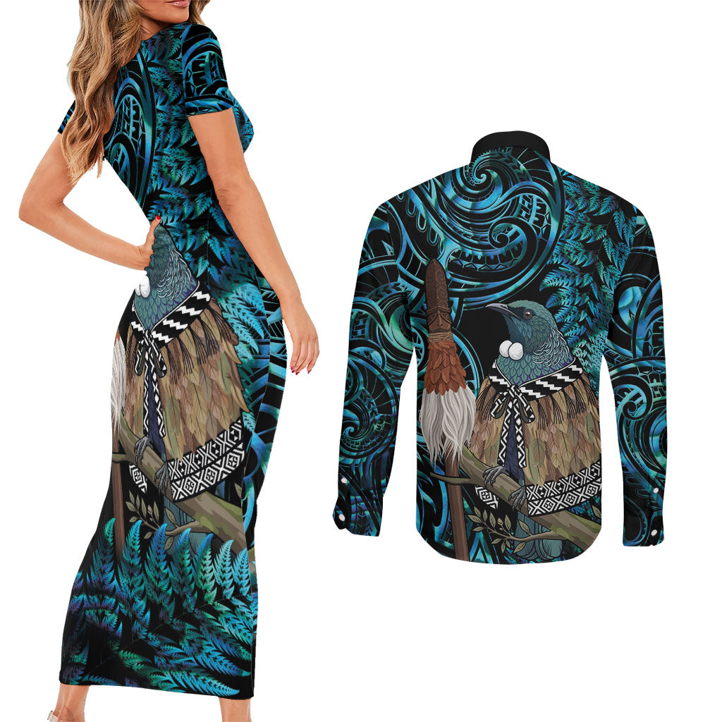 New Zealand Tui Bird Taiaha Couples Matching Short Sleeve Bodycon Dress and Long Sleeve Button Shirt Maori Weapon Paua Shell Mix Silver Fern