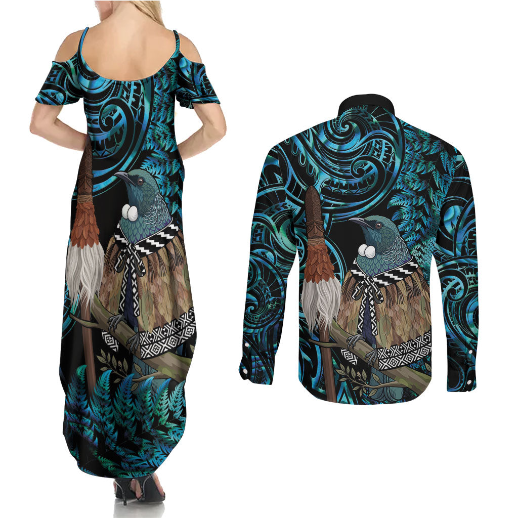 New Zealand Tui Bird Taiaha Couples Matching Summer Maxi Dress and Long Sleeve Button Shirt Maori Weapon Paua Shell Mix Silver Fern