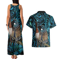 New Zealand Tui Bird Taiaha Couples Matching Tank Maxi Dress and Hawaiian Shirt Maori Weapon Paua Shell Mix Silver Fern