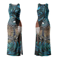New Zealand Tui Bird Taiaha Couples Matching Tank Maxi Dress and Long Sleeve Button Shirt Maori Weapon Paua Shell Mix Silver Fern LT14 - Polynesian Pride