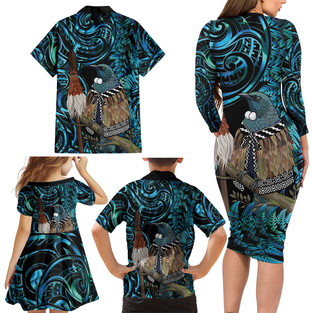 New Zealand Tui Bird Taiaha Family Matching Long Sleeve Bodycon Dress and Hawaiian Shirt Maori Weapon Paua Shell Mix Silver Fern