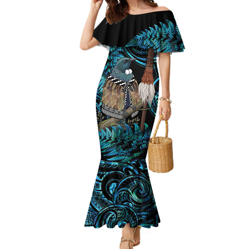 New Zealand Tui Bird Taiaha Family Matching Mermaid Dress and Hawaiian Shirt Maori Weapon Paua Shell Mix Silver Fern