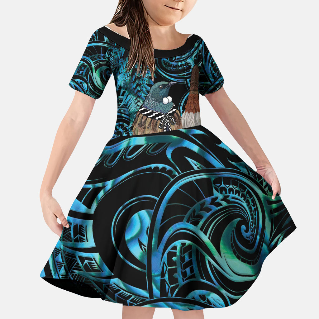 New Zealand Tui Bird Taiaha Family Matching Off The Shoulder Long Sleeve Dress and Hawaiian Shirt Maori Weapon Paua Shell Mix Silver Fern