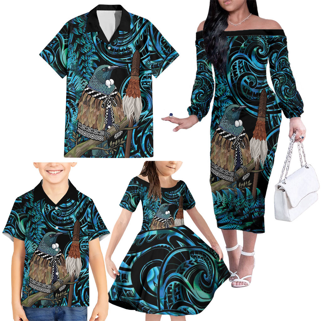 New Zealand Tui Bird Taiaha Family Matching Off The Shoulder Long Sleeve Dress and Hawaiian Shirt Maori Weapon Paua Shell Mix Silver Fern LT14 - Polynesian Pride