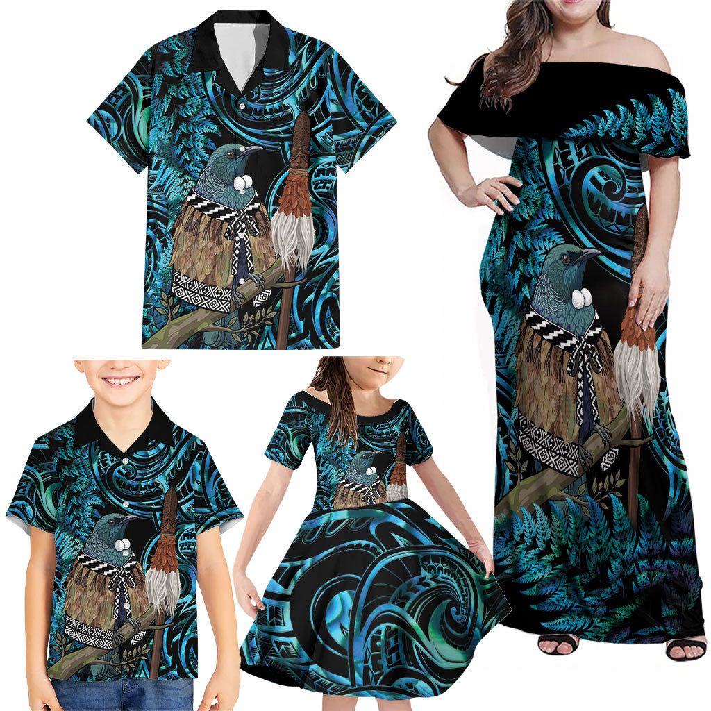 New Zealand Tui Bird Taiaha Family Matching Off Shoulder Maxi Dress and Hawaiian Shirt Maori Weapon Paua Shell Mix Silver Fern LT14 - Polynesian Pride