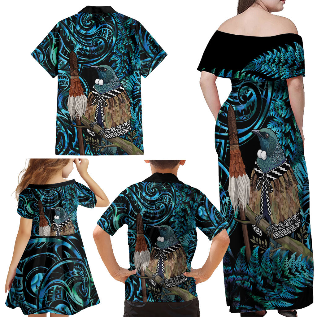 New Zealand Tui Bird Taiaha Family Matching Off Shoulder Maxi Dress and Hawaiian Shirt Maori Weapon Paua Shell Mix Silver Fern