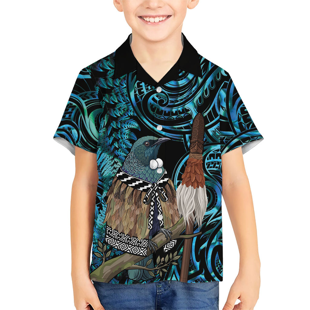New Zealand Tui Bird Taiaha Family Matching Off Shoulder Maxi Dress and Hawaiian Shirt Maori Weapon Paua Shell Mix Silver Fern