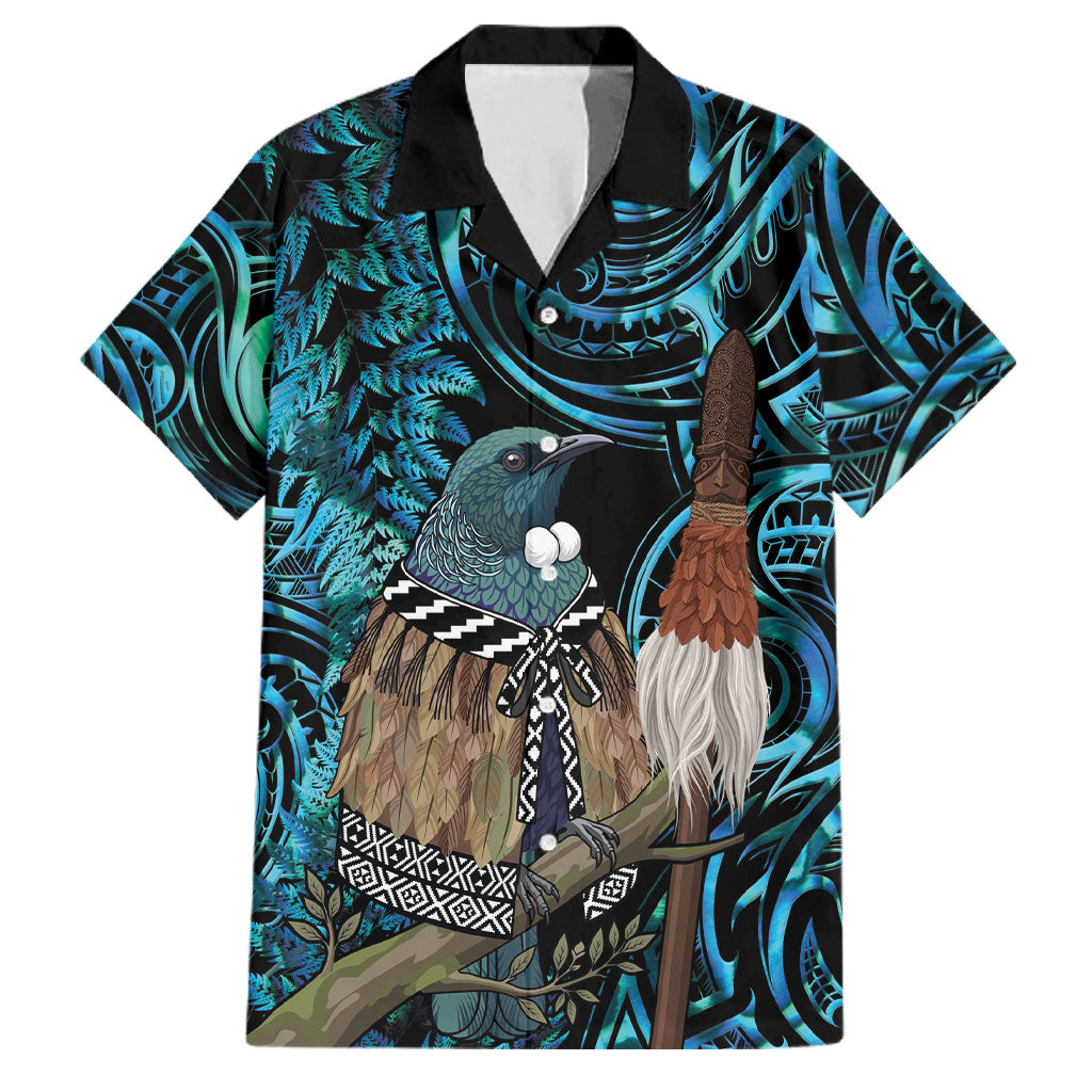 New Zealand Tui Bird Taiaha Family Matching Off Shoulder Short Dress and Hawaiian Shirt Maori Weapon Paua Shell Mix Silver Fern