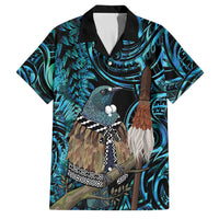 New Zealand Tui Bird Taiaha Family Matching Off Shoulder Short Dress and Hawaiian Shirt Maori Weapon Paua Shell Mix Silver Fern