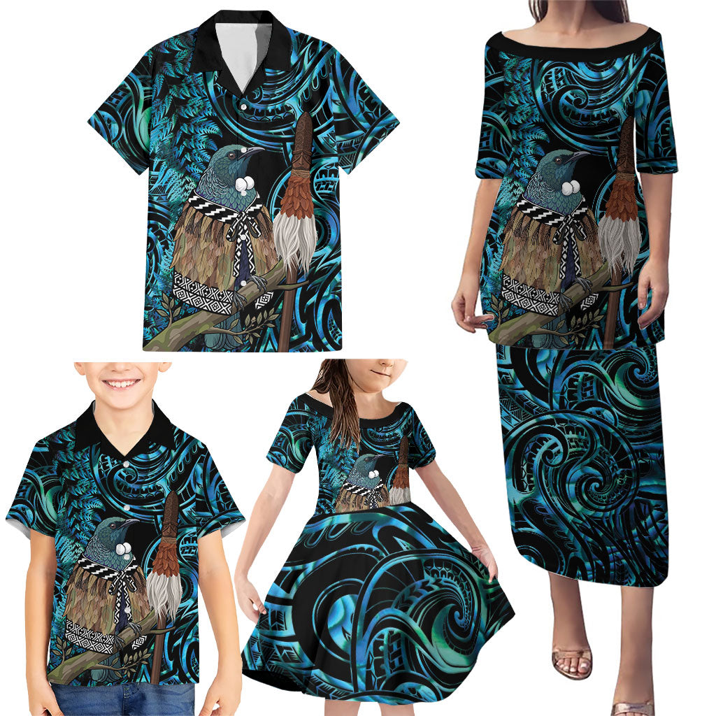 New Zealand Tui Bird Taiaha Family Matching Puletasi and Hawaiian Shirt Maori Weapon Paua Shell Mix Silver Fern