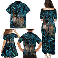 New Zealand Tui Bird Taiaha Family Matching Puletasi and Hawaiian Shirt Maori Weapon Paua Shell Mix Silver Fern