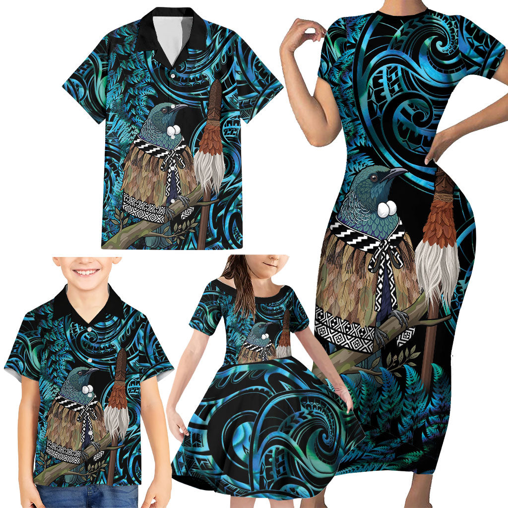 New Zealand Tui Bird Taiaha Family Matching Short Sleeve Bodycon Dress and Hawaiian Shirt Maori Weapon Paua Shell Mix Silver Fern