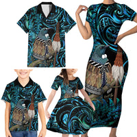 New Zealand Tui Bird Taiaha Family Matching Short Sleeve Bodycon Dress and Hawaiian Shirt Maori Weapon Paua Shell Mix Silver Fern