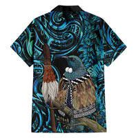 New Zealand Tui Bird Taiaha Family Matching Short Sleeve Bodycon Dress and Hawaiian Shirt Maori Weapon Paua Shell Mix Silver Fern