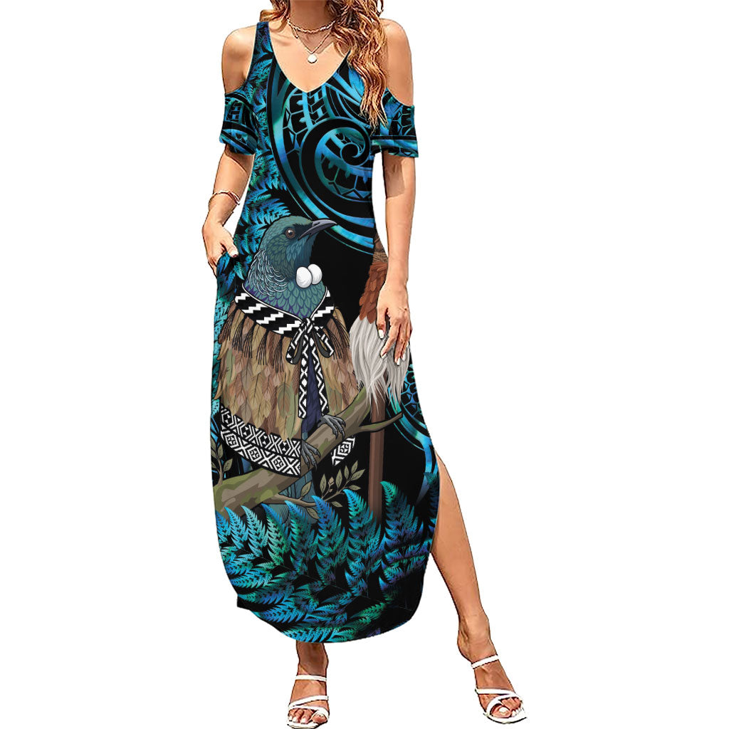 New Zealand Tui Bird Taiaha Family Matching Summer Maxi Dress and Hawaiian Shirt Maori Weapon Paua Shell Mix Silver Fern