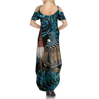 New Zealand Tui Bird Taiaha Family Matching Summer Maxi Dress and Hawaiian Shirt Maori Weapon Paua Shell Mix Silver Fern