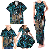 New Zealand Tui Bird Taiaha Family Matching Tank Maxi Dress and Hawaiian Shirt Maori Weapon Paua Shell Mix Silver Fern