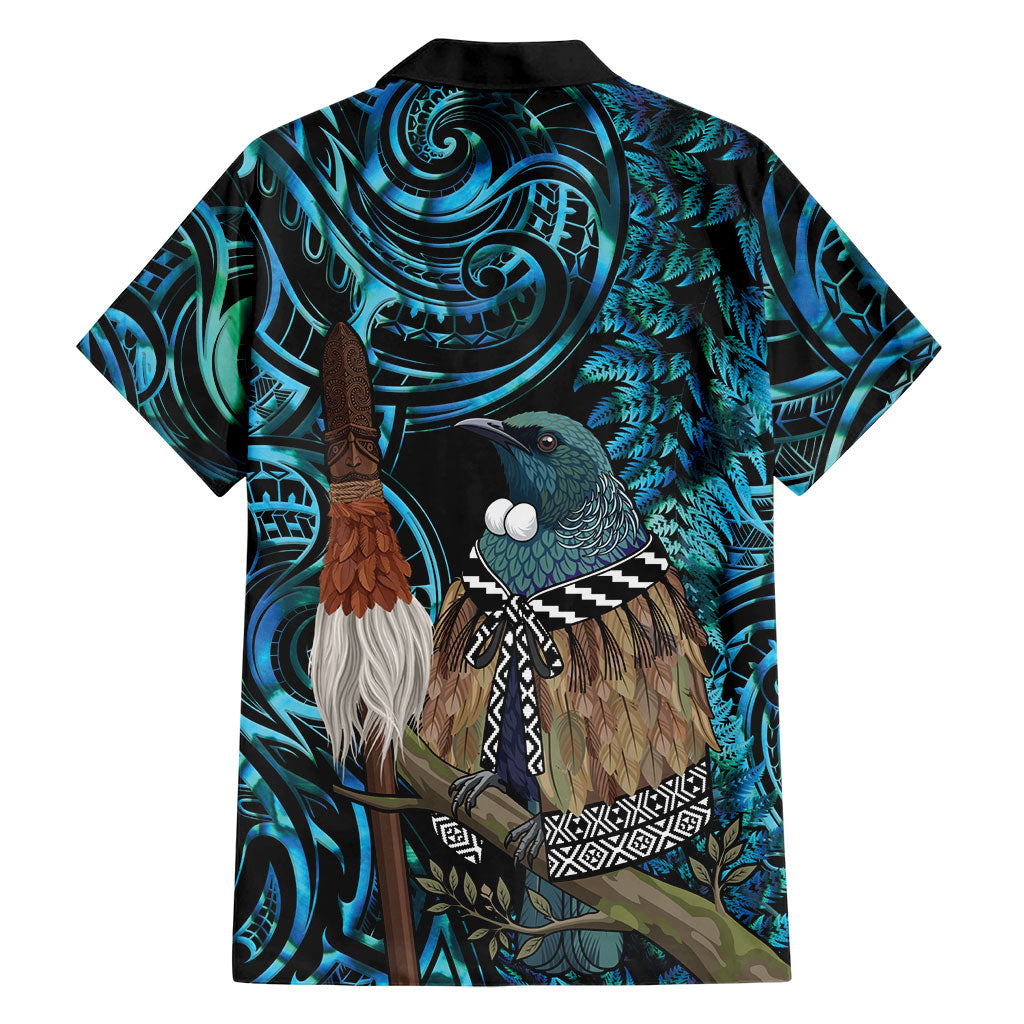 New Zealand Tui Bird Taiaha Family Matching Tank Maxi Dress and Hawaiian Shirt Maori Weapon Paua Shell Mix Silver Fern