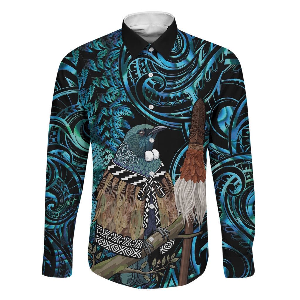 New Zealand Tui Bird Taiaha Family Matching Tank Maxi Dress and Hawaiian Shirt Maori Weapon Paua Shell Mix Silver Fern